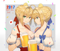 Rule 34 | 10s, 2017, 2girls, ahoge, alcohol, animal, animal on head, artoria pendragon (all), artoria pendragon (fate), asymmetrical docking, bare shoulders, beer, beer mug, bird, blonde hair, blouse, bodice, breast press, breasts, chick, cleavage, confetti, cup, dirndl, drinking glass, dual persona, face-to-face, fate/extra, fate/stay night, fate (series), german clothes, green eyes, grey background, hair bun, hair ribbon, happy new year, heart, highres, holding, holding cup, holding drinking glass, looking at viewer, matching outfits, medium breasts, mizu (dl7613), mug, multiple girls, nero claudius (fate), nero claudius (fate) (all), nero claudius (fate/extra), new year, off shoulder, on head, revision, ribbon, saber (fate), shirt, short hair, short sleeves, single hair bun, smile, spoken heart, typo, underbust, upper body, white shirt