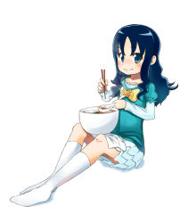Rule 34 | 1girl, 5t, blouse, blue eyes, blue hair, bow, bowl, casual, chopsticks, eating, food, full body, green shirt, heartcatch precure!, holding, holding chopsticks, holding spoon, kneehighs, kurumi erika, long hair, long sleeves, looking at viewer, noodles, precure, puffy long sleeves, puffy sleeves, ramen, shirt, simple background, sitting, skirt, socks, solo, soup, spoon, white background, white socks, white skirt, yellow bow
