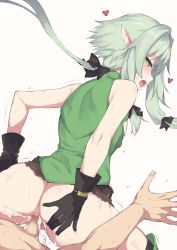 Rule 34 | 10s, 1boy, 1girl, ass, bad id, bad pixiv id, black bow, black gloves, bow, censored, cum, cum in pussy, eguegu, from behind, gloves, goblin slayer!, green eyes, green hair, hair bow, heart, hetero, high elf archer (goblin slayer!), highres, looking back, mosaic censoring, open mouth, cum overflow, penis, pointy ears, sex, sidelocks, simple background, solo focus, sweat, tongue, tongue out, vaginal, white background