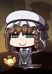 Rule 34 | 1girl, :&gt;, april fools, aqua eyes, black bow, black ribbon, blood, bloody knife, bow, braid, brown hair, charlotte corday (fate), charlotte corday (first ascension) (fate), chibi, egg, fate/grand order, fate (series), halo, hat, hat bow, hat ribbon, highres, holding, holding knife, knife, medium hair, official art, ribbon, riyo (lyomsnpmp), shadow, single braid, white headwear, wings
