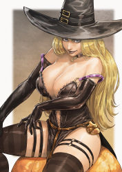 Rule 34 | 1girl, absurdres, black gloves, black hat, black lips, black thighhighs, breasts, center opening, cirenk, cleavage, double strap slip, elbow gloves, frills, gloves, halloween costume, hat, highres, kolin, looking at viewer, no bra, official alternate costume, pumpkin, sitting, smile, solo, strap slip, street fighter, street fighter v, striped clothes, striped thighhighs, thighhighs, witch hat