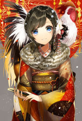 Rule 34 | 1girl, absurdres, animal, bird, black hair, blue eyes, chicken, chinese zodiac, hand fan, flower, fur trim, hair flower, hair ornament, highres, japanese clothes, kimono, nail polish, new year, obi, original, pale skin, rooster, sash, smile, sogawa66, traditional clothes, wide sleeves, year of the rooster