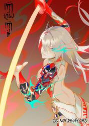 Rule 34 | 1girl, alpha (punishing: gray raven), backless dress, backless outfit, baitong, blue eyes, character name, china dress, chinese clothes, colored inner hair, dress, english text, flaming eye, grey hair, highres, holding, holding sword, holding weapon, katana, long sleeves, lucia: crimson weave (punishing: gray raven), multicolored hair, punishing: gray raven, red hair, solo, sword, translation request, weapon