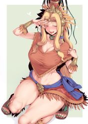 Rule 34 | 1girl, absurdres, arm guards, aztec, blonde hair, blush, breasts, chin piercing, cleavage, collarbone, commentary request, fate/grand order, fate (series), green eyes, green nails, hair ornament, headband, headdress, heart, highres, jewelry, large breasts, long hair, looking to the side, midriff, nail polish, nakamura regura, navel, neck, open mouth, quetzalcoatl (fate), sandals, simple background, smile, solo, squatting, toenail polish, toenails, very long hair, white background