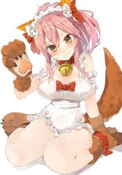 Rule 34 | 1girl, :q, animal ears, animal hands, apron, arm support, bare shoulders, bell, blush, bow, breasts, brown eyes, collar, fake animal ears, fate/grand order, fate (series), fox tail, hair bow, hair ornament, head tilt, heart, heart-shaped pupils, highres, koba, large breasts, legs, licking lips, maid headdress, naked apron, naughty face, paw print, pink hair, simple background, sitting, smile, solo, symbol-shaped pupils, tail, tamamo (fate), tamamo cat (fate), tamamo cat (third ascension) (fate), tamamo no mae (fate/extra), tongue, tongue out, wariza, white background