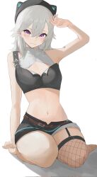 Rule 34 | 1girl, animal hat, arm support, bare shoulders, barefoot, belt, black hat, black shorts, black vest, breasts, brown belt, cleavage, commentary, crop top, facial mark, fishnet thighhighs, fishnets, grey hair, hat, highres, komori met, looking at viewer, medium hair, midriff, mochigome (kari), navel, partially unbuttoned, purple eyes, ribbed shirt, seiza, shirt, shorts, shrug (clothing), single thighhigh, sitting, sleeveless, sleeveless turtleneck, small breasts, smile, solo, stomach, thighhighs, triangle facial mark, turtleneck, vest, virtual youtuber, vspo!, white background