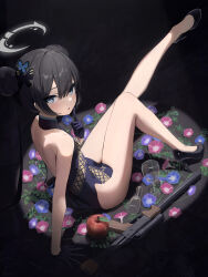 Rule 34 | 1girl, absurdres, apple, black dress, black footwear, black gloves, black hair, blue archive, blue flower, braid, braided bun, breasts, butterfly hair ornament, china dress, chinese clothes, commentary request, cup, double bun, dragon print, dress, drinking glass, flower, food, fruit, gloves, grey eyes, gun, hair between eyes, hair bun, hair ornament, halo, hidulume, high heels, highres, kisaki (blue archive), knees together feet apart, legs, long hair, looking at viewer, morning glory, pink flower, print dress, purple flower, sitting, sleeveless, sleeveless dress, small breasts, solo, submachine gun, twintails, weapon, wine glass