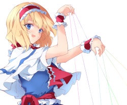 Rule 34 | 1girl, alice margatroid, belt, blonde hair, blue dress, blue eyes, blush, bow, breasts, cape, dress, from side, hair between eyes, hairband, hands up, highres, ichimura kanata, looking at viewer, medium breasts, open mouth, puffy short sleeves, puffy sleeves, red belt, red bow, red hairband, red neckwear, short hair, short sleeves, simple background, smile, solo, touhou, white background, white cape, wrist cuffs