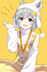Rule 34 | 1girl, alternate costume, animal ears, bare shoulders, blue eyes, brown overalls, commentary request, detached sleeves, ear covers, ears through headwear, grey hair, hair between eyes, hair ornament, hairclip, highres, horse ears, horse girl, lanyard, long sleeves, nonono (1399900), notice lines, on ground, open mouth, overalls, pom pom (clothes), seiun sky (umamusume), short hair, simple background, sleeveless, sleeveless turtleneck, smile, solo, sweater, tamagotchi, turtleneck, turtleneck sweater, umamusume, white headwear, white sweater, yellow background