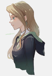 Rule 34 | 0404m, 1girl, black cloak, blonde hair, cassandra vole, character name, cloak, closed mouth, collared shirt, commentary request, cropped torso, earrings, from side, green eyes, green necktie, harry potter: magic awakened, harry potter (series), highres, hogwarts school uniform, hood, hood down, hooded cloak, jewelry, long hair, long sleeves, mole, mole under eye, necktie, profile, school uniform, shirt, simple background, slytherin, solo, uniform, very long hair, white background, white shirt, wizarding world