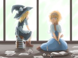 Rule 34 | 2girls, alice margatroid, ankle boots, apron, backlighting, blonde hair, blue eyes, book, book stack, boots, capelet, cup, dress, closed eyes, facing away, hairband, hat, hat ribbon, indoors, inkwell, kirisame marisa, light frown, lolita hairband, long hair, looking away, multiple girls, nip to chip, open book, paper, quill, ribbon, sash, saucer, short hair, sitting, sitting on object, skirt, skirt set, steam, teacup, touhou, waist apron, window, witch hat