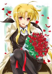 Rule 34 | 1girl, black pantyhose, coat, commentary request, dated, fate testarossa, flower, highres, long hair, looking at viewer, low ponytail, lyrical nanoha, mahou shoujo lyrical nanoha strikers, military, military uniform, pantyhose, petals, ponytail, red flower, rose, san-pon, sitting, smile, solo, tsab executive military uniform, twitter username, uniform, white coat