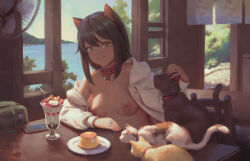 Rule 34 | 1girl, animal, animal ears, bell, bigrbear, black hair, blue sky, breasts, cat, cat ears, cat girl, cellphone, chair, cloud, collar, commentary request, day, dessert, electric fan, food, green eyes, highres, indoors, long sleeves, medium breasts, naked shirt, neck bell, nipple piercing, nipples, open clothes, open shirt, original, parted lips, petting, phone, piercing, pudding, red collar, shirt, short hair, sitting, sky, smartphone, smile, solo, white shirt