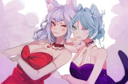 Rule 34 | 2girls, alternate hairstyle, animal ears, bad id, bad twitter id, bare arms, bare shoulders, breasts, cat tail, choker, cleavage, closed mouth, dress, elbow gloves, elira pendora, eyeshadow, fingernails, fox ears, gloves, green eyes, grey hair, hair bun, hair up, head wings, heterochromia, highres, jewelry, large breasts, looking at viewer, makeup, mei (adomanju), multiple girls, nail polish, necklace, nijisanji, nijisanji en, nina kosaka, purple choker, purple dress, purple nails, red choker, red dress, red eyes, single hair bun, smile, tail, virtual youtuber, white gloves, wings