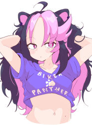 Rule 34 | 1girl, absurdres, ahoge, animal ear piercing, animal ears, arms behind head, arms up, blush, breasts, cat ears, closed mouth, colored inner hair, commentary, crop top, earrings, eyes visible through hair, fferumon, highres, indie virtual youtuber, jewelry, long hair, looking at viewer, medium breasts, messy hair, midriff, mole, mole on cheek, mole on stomach, mole under eye, multicolored hair, navel, paw print, pink eyes, pink hair, pout, purple hair, purple shirt, raised eyebrow, shirt, shura hiwa, simple background, solo, spanish commentary, stomach, text print, upper body, virtual youtuber, white background