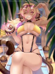 Rule 34 | 1girl, ahoge, animal, animal ears, bandaged arm, bandages, bandana, belt, blonde hair, blush, breasts, chair, coconut, dark-skinned female, dark skin, fangs, feet out of frame, highres, koko d. nuts, large breasts, looking at viewer, monkey, multicolored hair, nails, navel, one eye closed, palm tree, pink eyes, pink hair, sand, sitting, smile, srinitybeast, sunglasses on head, suspenders, swimsuit, tail, tree, twintails, two-tone hair, virtual youtuber, wet