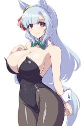 Rule 34 | 1girl, animal ears, black leotard, black pantyhose, blue hair, bow, bowtie, braid, breasts, closed mouth, cowboy shot, crown braid, detached collar, ear ornament, green bow, green bowtie, green nails, horse ears, horse girl, horse tail, large breasts, leotard, long hair, looking at viewer, mejiro ardan (umamusume), nontraditional playboy bunny, pantyhose, pataneet, purple eyes, rabbit tail, simple background, smile, solo, strapless, strapless leotard, tail, traditional bowtie, umamusume, umamusume: cinderella gray, white background, wrist cuffs