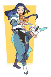 Rule 34 | 2boys, animal ears, arm behind back, black hair, cat ears, child, dated, floating hair, food, full body, highres, long hair, luo xiaohei, luo xiaohei (human), luo xiaohei zhanji, multiple boys, plate, profile, short hair, standing, vox, white hair, wuxian (the legend of luoxiaohei), yellow background