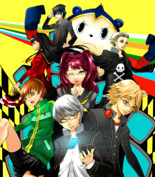 Rule 34 | 3boys, 4girls, amagi yukiko, atlus, bike shorts, black hair, blue hair, brown hair, character request, eiji (eiji), hand fan, folding fan, glasses, grey hair, hanamura yousuke, hat, headphones, headphones around neck, jacket, jacket on shoulders, kujikawa rise, kuma (persona 4), long hair, multiple boys, multiple girls, narukami yuu, one eye closed, persona, persona 4, pink hair, satonaka chie, school uniform, shirogane naoto, short hair, tatsumi kanji, television, track jacket, twintails, wink