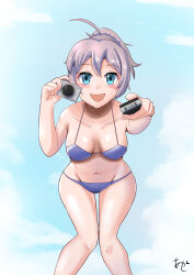 Rule 34 | 1girl, ahoge, akashieru, aoba (kancolle), aqua eyes, bikini, breasts, camera, collarbone, commentary request, feet out of frame, groin, highres, kantai collection, knees together feet apart, leaning forward, looking at viewer, medium breasts, ponytail, purple bikini, purple hair, short hair, smile, solo, swimsuit