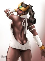 Rule 34 | 1girl, armlet, back, backless dress, backless outfit, bandages, bandaged arm, bandages, bare back, black hair, black sclera, blush, breasts, butt crack, colored sclera, cowboy shot, dark skin, dark-skinned female, dated, dress, earrings, female focus, forehead jewel, forehead protector, hair tubes, highres, jewelry, kamen rider, kamen rider kuuga (series), large breasts, long hair, meme attire, muscle, muscular, muscular female, naked sweater, pointy ears, ponytail, red eyes, ribbed sweater, shaft look, sideboob, sidelocks, solo, sweater, sweater dress, taikyokuturugi, tattoo, thighs, turtleneck, turtleneck sweater, virgin killer sweater, white sweater, zu-mebio-da