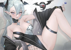 Rule 34 | 1girl, absurdres, black horns, black jacket, blush, breasts, candy, cellphone, cleavage, clothes writing, demon girl, detached collar, ear piercing, earrings, familiar, fangs, fishnets, food, grey hair, hair between eyes, head wings, highres, hitowa, holding, holding candy, holding food, holding lollipop, holding phone, horns, jacket, jewelry, large breasts, leotard, lollipop, long hair, long sleeves, looking at viewer, multicolored leotard, open clothes, open jacket, original, parted lips, phone, piercing, pointy ears, ponytail, purple eyes, race queen, simple background, smartphone, spread legs, star (symbol), teeth, thigh strap, tongue, very long hair, wings, zipper, zipper leotard, zipper pull tab