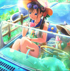 Rule 34 | 1girl, absurdres, aiuabo, animal, bag, black eyes, black hair, boat, car, cat, clothed animal, commentary request, convertible, day, eyewear on head, flower, food, hair flower, hair ornament, hat, hat flower, highres, knees up, left-hand drive, licking, long hair, motor vehicle, nail polish, neckerchief, open mouth, original, outdoors, pink flower, popsicle, rear-view mirror, round eyewear, sailor collar, shirt, sidelocks, sitting, sleeveless, solo, steering wheel, striped clothes, striped shirt, sun hat, sunglasses, twintails, watercraft, watermelon bar, yellow neckerchief