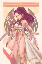 Rule 34 | 1girl, absurdres, armlet, closed mouth, dancer, dancer (fire emblem: three houses), dark skin, dress, earrings, facial mark, fire emblem, fire emblem: three houses, from side, gladiator sandals, hair ornament, highres, holding, holding sword, holding weapon, jewelry, long hair, nintendo, petra macneary, ponytail, purple hair, sandals, simple background, sword, weapon