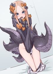 Rule 34 | 1girl, abigail williams (fate), absurdres, black bow, black dress, black panties, blonde hair, bloomers, bloomers pull, blue eyes, bow, breasts, clothes pull, covering privates, covering crotch, dress, dress pull, fate/grand order, fate (series), flying sweatdrops, forehead, hair bow, highres, kneeling, kopaka (karda nui), long hair, multiple bows, open mouth, orange bow, panties, parted bangs, polka dot, polka dot bow, ribbed dress, sleeves past fingers, sleeves past wrists, small breasts, solo, tearing up, tentacles, thighs, underwear, wavy mouth, white bloomers