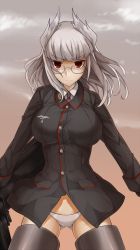 Rule 34 | 1girl, bad id, bad pixiv id, breasts, commentary, eiri (eirri), female focus, glasses, gloves, head wings, heidimarie w. schnaufer, large breasts, long hair, looking at viewer, military, military uniform, no pants, panties, red eyes, silver hair, solo, strike witches, striker unit, underwear, uniform, white panties, wings, world witches series