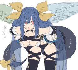 Rule 34 | 1girl, bare shoulders, bent over, black panties, black thighhighs, blue hair, breasts, choker, collarbone, detached sleeves, dizzy (guilty gear), guilty gear, guilty gear xrd, hair between eyes, hair over one eye, hair ribbon, large breasts, looking at viewer, maka (morphine), mature female, monster girl, open mouth, panties, red eyes, ribbon, tail, tail ornament, tail ribbon, thick thighs, thighhighs, thighs, twintails, underwear, wings, yellow ribbon