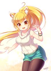 Rule 34 | 1girl, :d, animal ears, artist name, black pantyhose, blonde hair, blueberry (5959), blush, bracelet, breasts, female focus, fox ears, highres, jewelry, large breasts, pantyhose under shorts, long hair, looking at viewer, open mouth, original, pantyhose, ribbed sweater, shorts, signature, sleeveless, sleeveless turtleneck, smile, solo, sweater, turtleneck, v