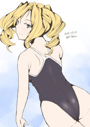 Rule 34 | 1girl, ass, black one-piece swimsuit, blonde hair, blue eyes, commission, competition school swimsuit, cowboy shot, drill hair, from behind, highres, honolulu (kancolle), kantai collection, long hair, looking at viewer, looking back, one-piece swimsuit, school swimsuit, solo, swimsuit, taira yuuki, twin drills, twintails