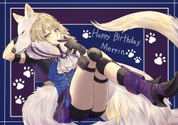 1girl ahoge ascot bike_shorts black_gloves black_shorts blonde_hair blue_background blue_eyes blue_shirt boots english_text fake_tail fire_emblem fire_emblem_engage fur_trim gloves happy_birthday highres looking_at_viewer merrin_(fire_emblem) nekoyashiki_08 nintendo shirt short_hair shorts simple_background sitting skirt smile solo tail white_ascot wolf wolf_paws wolf_tail