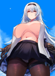 Rule 34 | 10eki (tenchou), 1girl, absurdres, alternate breast size, areola slip, black hairband, breasts, breasts apart, commentary request, commission, girls&#039; frontline, gloves, hair between eyes, hairband, highres, huge breasts, jacket, long hair, long sleeves, open clothes, open shirt, panties, pantyhose, pantyshot, red eyes, ribbon, scar, scar on neck, shirt, skirt, solo, thunder (girls&#039; frontline), underwear
