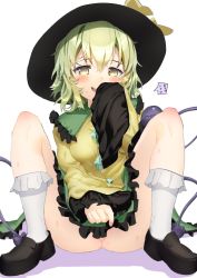 Rule 34 | 1girl, black footwear, black hat, bottomless, breasts, covering crotch, covering privates, dress, dress tug, frilled sleeves, frills, green eyes, green hair, hat, heart, komeiji koishi, looking at viewer, medium breasts, medium hair, no panties, polpol, shirt, shoes, simple background, sleeves past fingers, sleeves past wrists, smile, socks, solo, squatting, sweat, third eye, touhou, white background, white socks, wide sleeves, yellow shirt