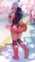 Rule 34 | 1girl, ass, bag, bare arms, bare shoulders, black shirt, blue eyes, boots, cherry blossoms, commission, creatures (company), dappled sunlight, dawn (pokemon), day, food, from behind, full body, game freak, hair ornament, hairclip, hand up, holding, holding food, kneehighs, licking, long hair, looking at viewer, looking back, microskirt, nintendo, no panties, outdoors, petals, pink skirt, pokemon, pokemon dppt, popsicle, purple hair, scarf, shirt, shoulder bag, skirt, sleeveless, sleeveless shirt, socks, solo, sumisumii, sunlight, thighhighs, tongue, tongue out, tree shade