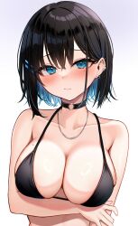 Rule 34 | 1girl, absurdres, arm under breasts, barbell piercing, bare arms, bare shoulders, bikini, black bikini, black choker, black hair, blue eyes, blue hair, blush, breasts, chain, chain necklace, choker, cleavage, closed mouth, collarbone, colored inner hair, commentary request, ear piercing, hair behind ear, hair ornament, hairpin, halterneck, highres, industrial piercing, jewelry, large breasts, looking at viewer, mole, mole on breast, mole under eye, multicolored hair, necklace, o-ring, o-ring choker, original, piercing, rei (rei 9146), short hair, simple background, solo, swimsuit, upper body, white background
