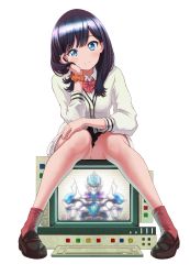 Rule 34 | 10s, 1girl, black hair, black skirt, blue eyes, blush, bow, brown footwear, cardigan, closed mouth, collared shirt, commentary request, computer, gridman (ssss), gridman universe, hand on own cheek, hand on own face, head tilt, highres, knees together feet apart, light frown, loafers, long hair, long sleeves, md5 mismatch, miniskirt, pigeon-toed, pleated skirt, red bow, red socks, resolution mismatch, school uniform, shirt, shoes, sitting, skirt, socks, solo, source smaller, ssss.gridman, takarada rikka, white background, white cardigan, white shirt, yoka1chi