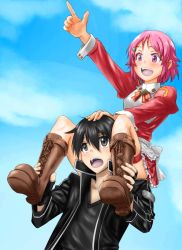 Rule 34 | 10s, 1boy, 1girl, :d, apron, black hair, blush, boots, bow, bowtie, carrying, coat, day, dress, fingerless gloves, frilled skirt, frills, from below, gloves, grey eyes, hair ornament, hairclip, happy, kanae akita, kirito, lisbeth (sao), md5 mismatch, open mouth, pink hair, pointing, puffy sleeves, purple eyes, resolution mismatch, short hair, shoulder carry, skirt, sky, smile, source larger, sword art online, teeth