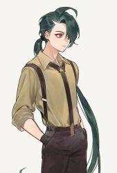 Rule 34 | 1girl, ahoge, androgynous, black gloves, black necktie, brown pants, collared shirt, commentary, cowboy shot, creatures (company), ear piercing, earrings, expressionless, eyes visible through hair, from side, game freak, gloves, green hair, hands in pockets, highres, itou (very ito), jewelry, long hair, looking ahead, low ponytail, necktie, nintendo, pants, piercing, pokemon, pokemon sv, red eyes, reverse trap, rika (pokemon), shirt, simple background, solo, standing, suspenders, swept bangs, very long hair, white background, yellow shirt