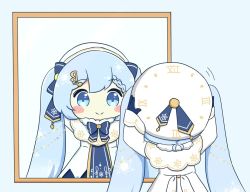 Rule 34 | 1girl, adjusting clothes, adjusting headwear, beret, blue bow, blue eyes, blue hair, blue tabard, blush stickers, bow, capelet, chibi, clock print, commentary, dress, fortissimo, fur-trimmed capelet, fur trim, gold trim, hair ornament, hat, hat bow, hatsune miku, light blue hair, long hair, mirror, musical note, musical note hair ornament, nukotun, reflection, roman numeral, smile, snowflake print, solo, tabard, treble clef, twintails, very long hair, vocaloid, white capelet, white dress, white hat, yuki miku, yuki miku (2021)
