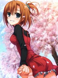 Rule 34 | 1girl, absurdres, blue eyes, cherry blossoms, dress, female focus, holding hands, harada taiko, highres, kimi to issho ni, official art, red dress, solo, tomose shunsaku, tree