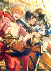 Rule 34 | 2boys, ahoge, arm on another&#039;s shoulder, armor, bikkusama, black hair, closed mouth, commentary request, couch, cup, cupping glass, earrings, fate/grand order, fate (series), gilgamesh (fate), highres, holding, holding cup, jewelry, leg armor, looking at viewer, male focus, multiple boys, official art, open mouth, orange hair, ozymandias (fate), red eyes, sitting, smile, tattoo, teeth, tongue, topless male