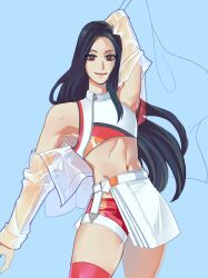 Rule 34 | 1other, alternate costume, androgynous, bare shoulders, black hair, blue background, crop top, cropped jacket, dungeonbgm, flag, guilty gear, guilty gear strive, highres, holding, holding flag, jacket, long hair, looking at viewer, navel, other focus, race queen, red eyes, red shorts, red thighhighs, see-through, see-through jacket, see-through sleeves, short shorts, shorts, skirt, skort, standing, testament (guilty gear), thighhighs, white skirt