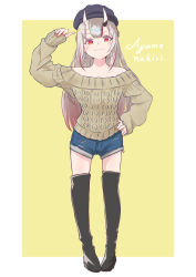 Rule 34 | 1girl, absurdres, aran sweater, arm up, bare shoulders, black footwear, black hat, blue shorts, blush, boots, brown sweater, cabbie hat, cable knit, character name, closed mouth, collarbone, commentary request, earrings, full body, grey hair, hand on own hip, hat, highres, hilamaru, hololive, horns, jewelry, long hair, long sleeves, multicolored hair, nail polish, nakiri ayame, off-shoulder sweater, off shoulder, oni, puffy long sleeves, puffy sleeves, red eyes, red hair, red nails, short shorts, shorts, skin-covered horns, sleeves past wrists, smile, solo, standing, streaked hair, sweater, thigh boots, torn clothes, torn shorts, two-tone background, very long hair, virtual youtuber, white background, yellow background