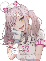 Rule 34 | 1girl, ahoge, bandages, blush, breasts, emu (emum), fangs, gloves, grey hair, hair ornament, hair over one eye, hat, highres, holding, holding pen, long hair, looking at viewer, medium breasts, mole, mole under eye, nijisanji, nurse cap, open mouth, pen, purple eyes, simple background, smile, solo, sukoya kana, teeth, twintails, virtual youtuber, white background, white gloves, x hair ornament
