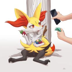 Rule 34 | 1girl, absurdres, animal ear fluff, animal ears, animal feet, animal hands, animal nose, animal pussy, anus, anus peek, artist name, banknote, berry (pokemon), black fur, blush, body fur, braixen, canine pussy, cellphone, cheek bulge, claws, cleft of venus, clitoris, creatures (company), disembodied limb, eating, fangs, female focus, food, fox ears, fox girl, fox tail, fruit, full body, furry, furry female, game freak, gen 6 pokemon, highres, holding, holding food, holding fruit, holding money, holding phone, light blush, looking at phone, money, multicolored fur, nanab berry, neck fur, nintendo, open mouth, oran berry, pawpads, pecha berry, phone, pokemon, pokemon (creature), prostitution, pussy, razz berry, red eyes, signature, sitting, smartphone, snout, solo focus, spread legs, stick, stoic5, tail, tongue, tree, uncensored, white background, white fur, yellow fur