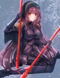 Rule 34 | 1girl, armor, bodysuit, breasts, covered navel, dual wielding, fate/grand order, fate (series), gae bolg (fate), highres, holding, large breasts, long hair, looking at viewer, pauldrons, polearm, purple bodysuit, purple hair, red eyes, scathach (fate), scathach (fate), shoulder armor, solo, sparkle, spear, tanaji, veil, weapon