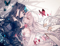 Rule 34 | 2girls, arcaea, black dress, black hair, blue bow, blue butterfly, blue eyes, bow, breasts, bug, butterfly, cleavage, commentary, cone hair bun, cowboy shot, dress, english commentary, from side, hair bow, hair bun, highres, hikari (arcaea), hikari (fatalis) (arcaea), insect, long hair, looking at another, medium breasts, miyu (miy u1308), multiple girls, pink bow, red butterfly, red eyes, sidelocks, simple background, tairitsu (arcaea), tairitsu (tempest) (arcaea), white background, white dress, white hair